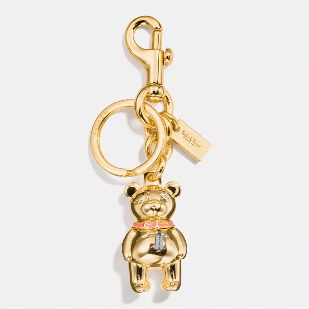 NWT Coach Gold 3D Bear Bag Charm Keychain Pink Collar Star Eye Gift Set F87166